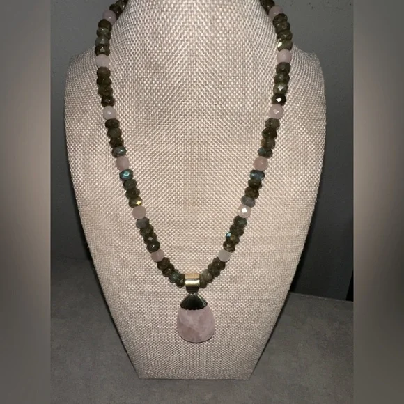 Laborite & pink quartz bead necklace with pendant by Jay King - Picture 3 of 14